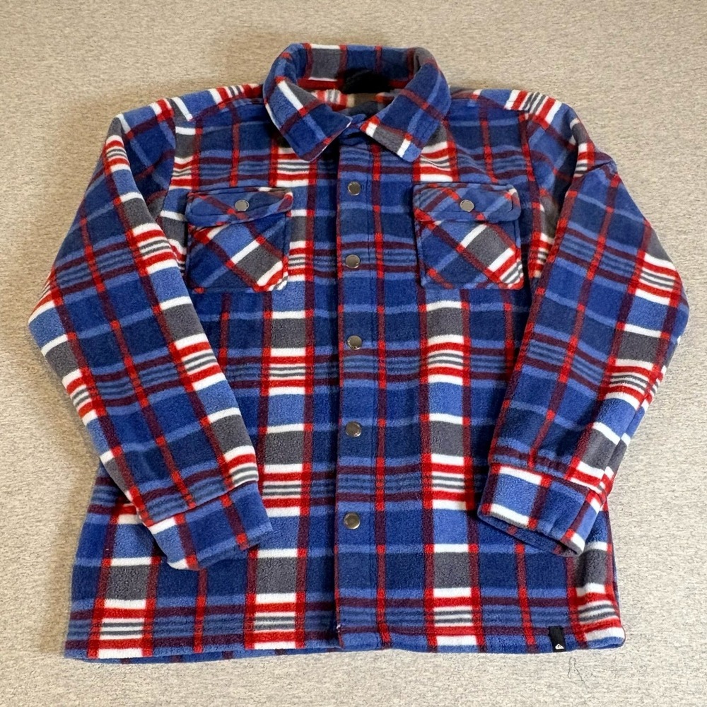 Quiksilver Fleece Shirt Jacket Boys M 10/12 Blue Plaid Snap Front Shacket